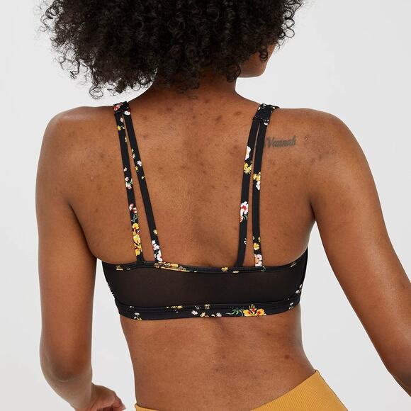 Aerie Offline Goals Plunge Sports Bra True Black Floral Mesh Back Strappy Active - Picture 2 of 15
